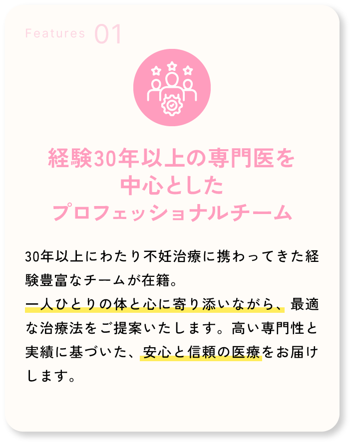 Features01 経験30年以上の専門医を中心としたプロフェッショナルチーム 30年以上にわたり不妊治療に携わってきた経験豊富なチームが在籍。一人ひとりの体と心に寄り添いながら、最適な治療法をご提案いたします。高い専門性と実績に基づいた、安心と信頼の医療をお届けします。