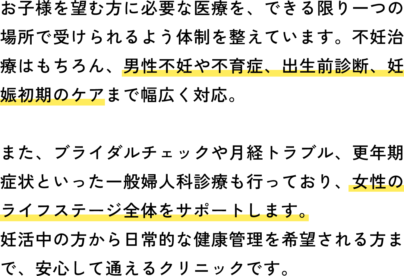 お子様を望む方に必要な医療を、できる限り一つの場所で受けられるよう体制を整えています。不妊治療はもちろん、男性不妊や不育症、出生前診断、妊娠初期のケアまで幅広く対応。また、ブライダルチェックや月経トラブル、更年期症状といった一般婦人科診療も行っており、女性のライフステージ全体をサポートします。妊活中の方から日常的な健康管理を希望される方まで、安心して通えるクリニックです。